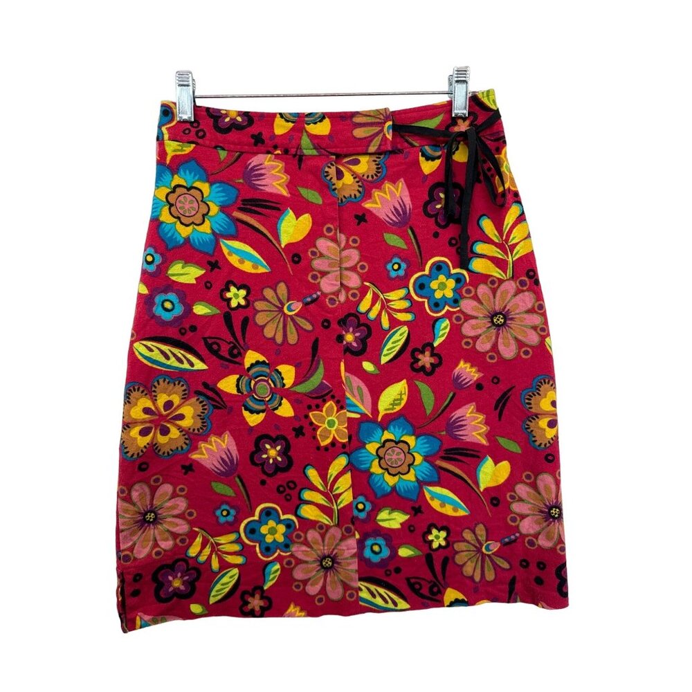 Vintage FL Malik Womens Skirt Sz 4 Red Floral Wrap Folk Art Boho Artsy Made USA